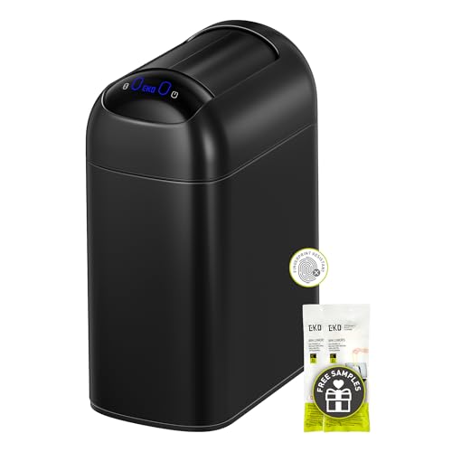 Image of EKO Astro Slim Sensor Trash Can, 10L / 2.6 Gallon Touchless Garbage Bin with Soft-Close Retractable Wing Lid, Motion Sensor Stainless Steel Trash Can for Bathroom and Office, Waterproof, Black