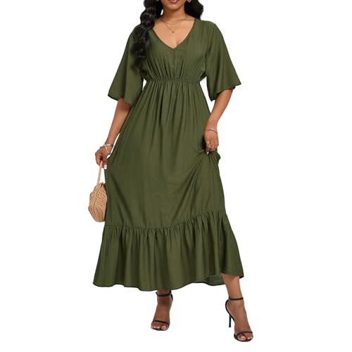 Image of Women's Summer Short Sleeve Maxi Floral Flowy Dresses with Pockets