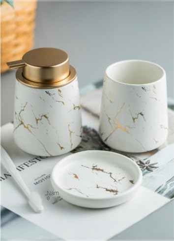 Image of Ceramic Bath Accessories Set of 3 (Luxe White) - 400ml Soap Dispenser, Tumbler & Soap Dish, White with Gold Marble Design, Bathroom Countertop Organizer for washbasin