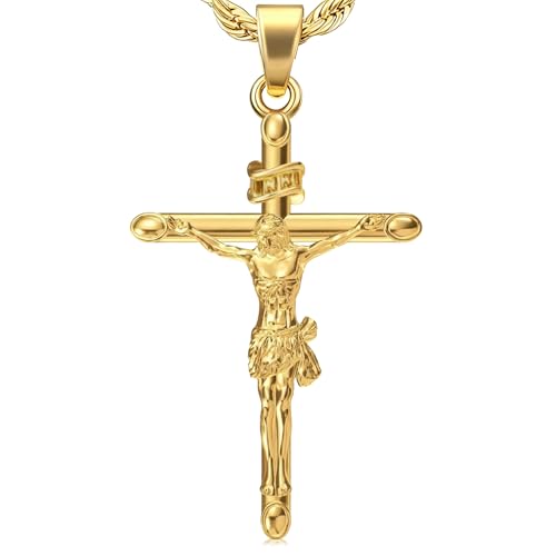 Koyretyu 14K Gold Cross Necklaces Pendant for Men & Women Solid Crucifix Cross Jewelry Charms for Husband Wife Thin Gender-Inclusive Cross Necklace Charm (B)