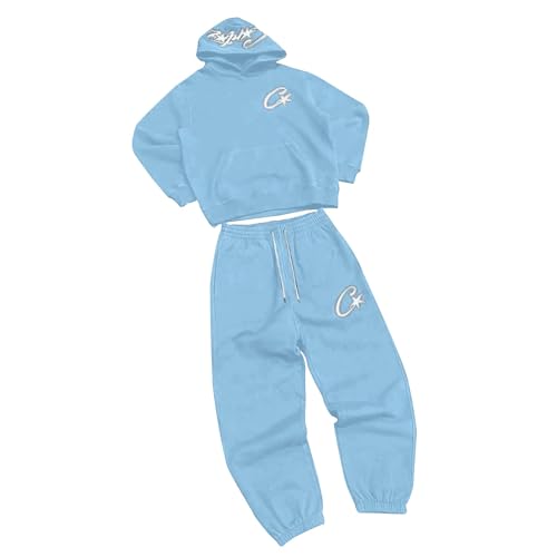 Tuta da jogging da uomo e donna, unisex, in cotone, con cappuccio e pantaloni da jogging, set comodo, per il tempo libero, streetwear, 2 pezzi, Azzurro, L