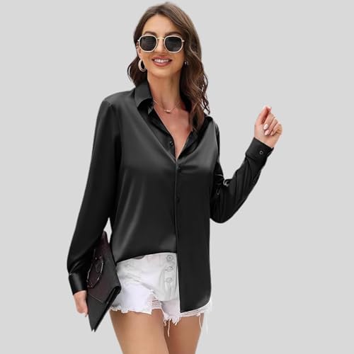 Image of IndoPrimo Women's Satin Shirt with Spread Collar Neck Line Solid Pattern Full Sleeves Regular Fit Western Style and Standard Length