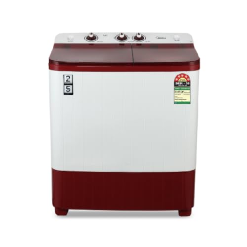Image of Midea 6.5kg Semi Automatic Top Load Washing Machine, Dual Wave Pulsator, Heavy Duty Motor, 1350 RPM High-Speed Spin, Collar Scrubber, Top Load Washer (MWMSA065PDX (MW), Maroon-White)