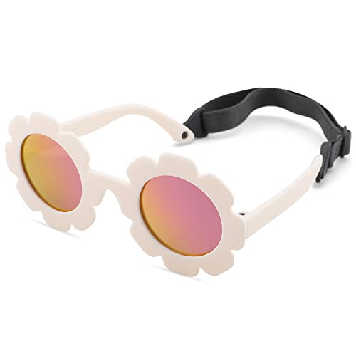 Bouryo Flexible Baby Polarized Flower Sunglasses with Strap Bendable Frame for Infant Boys Girls Ages 0-24 Months