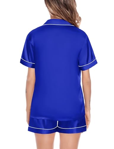 Image of SWOMOG Satin Matching Pajamas Sets Couple Silk Button Down Nightwear Women & Men Short Sleeve Sleepwear 2 Pieces Loungewear Blue