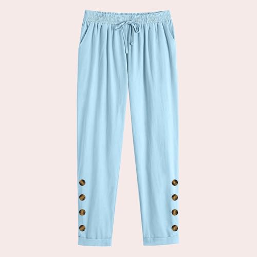 Generic Side Button Linen Pants Womens Drawstring Elastic Waist Pants Casual Straight Leg Pants Loose Fitting Pants for Work3