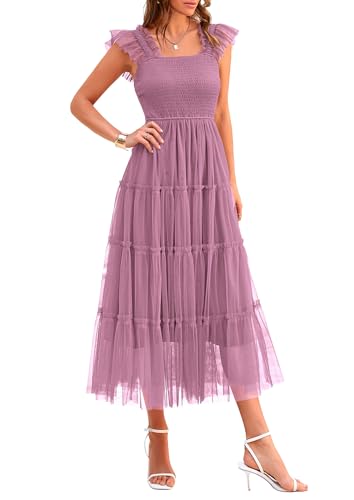 PRETTYGARDEN Womens Summer Midi Tulle Dress Sleeveless Smocked Square Neck Ruffle Flowy Party Wedding Guest Sundress (Grey Purple Medium)