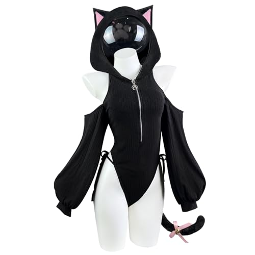 KORURACLUB Cosplay Anime Katzen Outfit(2-teiliges Set) Sexy Damen Kostüm Halloween Bodysuit Sexy Anime Lingerie (Schwarz XS-M)
