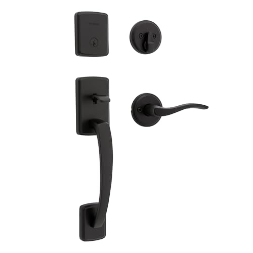 Image of Kwikset Brentford Front Door Lock Handle and Deadbolt Set, Entry Handleset Exterior with Sedona Reversible Lever, Matte Black, Pick Resistant SmartKey Rekey Deadbolt Security, with Microban Protection