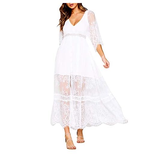 Style Dome Dam axelklänning långärmad bohemisk klänning blommönster strandklänning casual sommarklänningar lång maxiklänning, 03 vit, S