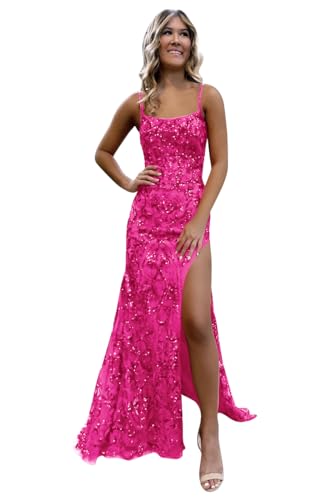 BOLENSYE Sequin Prom Dresses 2024 Sparkly Long Evening Party Gown with Slit Spaghetti Strap Formal Dress