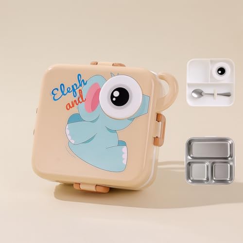 Image of YELONA 2-Layer Cartoon Shape Kids Lunch Box | Stainless Steel Inner, 3 Compartments | Airtight Leak-Proof BPA-Free Meal Box | 1120 ML + 70 ML Sauce Cup | School, Picnic Tiffin for Girls & Boys