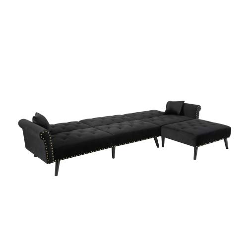 NOUVCOO Button Velvet Tufted Convertible Bed with 2 Pillows, Reversible Chaise, Sofa L Shape Sectional Couch Sleeper for Living Room Furniture Set, Black