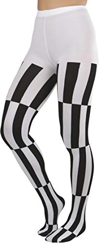 Image of ToBeInStyle Women's Harlequin Checkered Diamond Optical Illusion Opaque Tights Pantyhose - Black & White