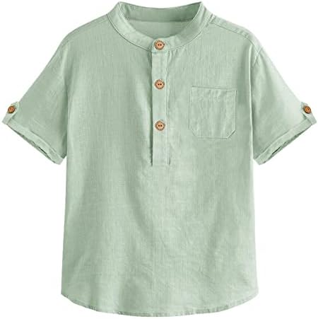 Malliosse Boys Short Sleeve Henley Shirt Button Up Linen Cotton Dress Shirts Tees Tops with One Pocket Green