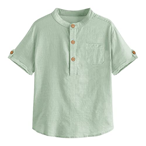 Malliosse Boys Short Sleeve Henley Shirt Button Up Linen Cotton Dress Shirts Tees Tops With One Pocket Green #TOP4