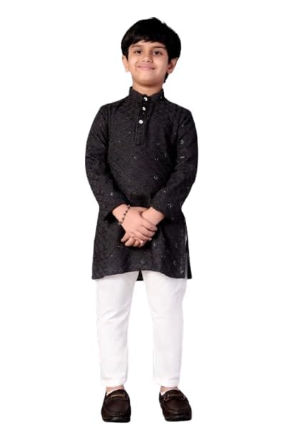 Image of Valaki Kurta Pajama Set for Boys Cotton Blend Mirror Work Embroidery Kurta Pyjama for Boys
