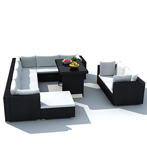 Image of DEVOKO Outdoor 6 PCS L Shape Rattan Sofa Set,Table and Ottoman with Cushions, Deck Furniture Dining Table Set, Garden, Porch, Backyard (Balck & White)