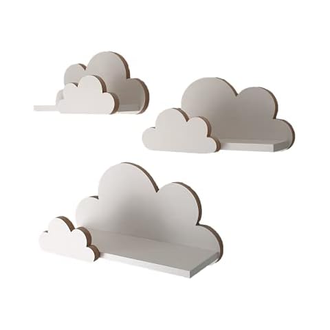 MOLILAND Wolkenregal Babyzimmer | Set mit 3 Stück | Wandregal für Kinderzimmer in Weiß | Regal Wolke aus Holz im skandinavischen Stil | Schweberegal Wanddeko mit Befestigungssatz Cover