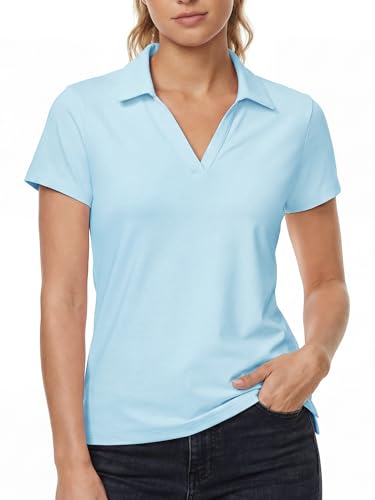 Stelle Womens V Neck Polo Shirts Short Sleeve Collared Tops Quick Dry Golf Tennis Work Casual Summer Tee（Light Blue，XS）