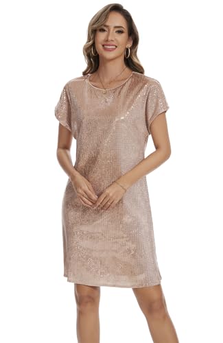 Image of Women's Crewneck Sequin Shift Dress Short Sleeve Casual Holiday Sparkly Party Dress