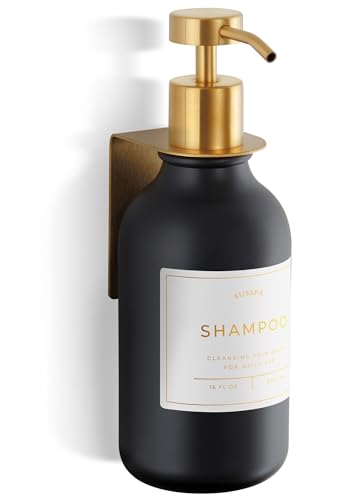 Shower Shampoo Dispenser Wall Mounted – Refillable 16.9 oz Black Bottle with Stainless Steel Pump & No-Drill Adhesive Holder – Soap Dispenser for Bathroom (1 X Black/Gold) - image 1