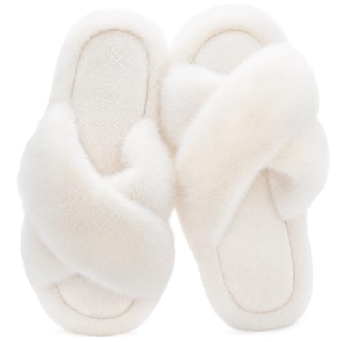 Image of HomeTop Fluffy Slippers for Women Cross Band Soft Plush Indoor House Shoes