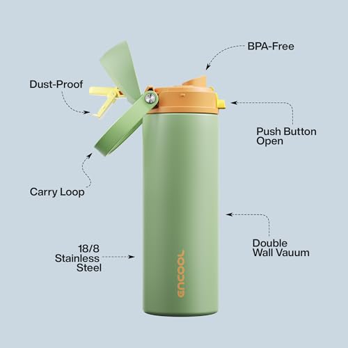 Image of Insulated Water Bottle with Straw - Encool Stainless Steel Water Bottle with Push Button Lid, Leak-Proof & BPA-Free, Keeps Cold for 24 Hours for Sports, Travel, Gym (24 oz, Lichen-Yellow)