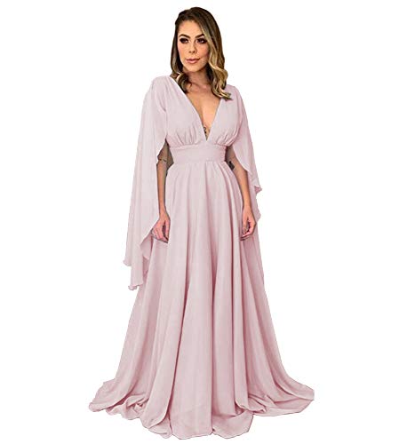 Women's Open Back Cape Sleeve Prom Dresses Long V-Neck Evening Gowns