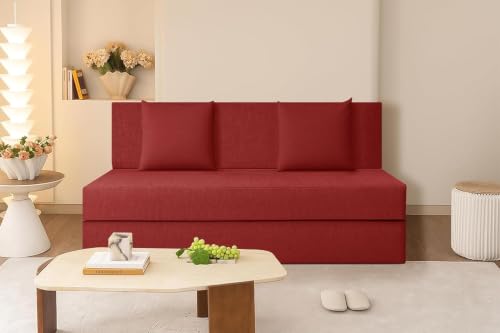 Image of Rosebell Lightweight Foldable 2-Person Sofa Cum Bed Jute Fabric- Washable Cover- Including Cushion - Size 4' X 6' Ft (Red) Perfect for Home & Office