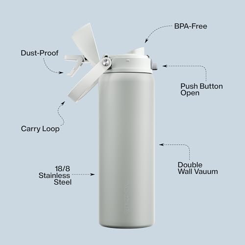 Image of Insulated Water Bottle with Straw - Encool Stainless Steel Water Bottle with Push Button Lid, Leak-Proof & BPA-Free, Keeps Cold for 24 Hours for Sports, Travel, Gym (32 oz, Silver Grey)