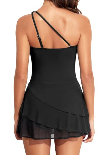 Image of Daci One Piece Swimsuit with Skirt Tummy Control One Shoulder Swim Dress | Skirted Bottom,Adjustable Shoulder Straps