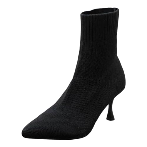Botas de mujer lisas, lisas, casuales, de punto, transpirables, de tacón alto, tacones finos, de punta media, botas grandes, botines cortos, Negro , 37 EU