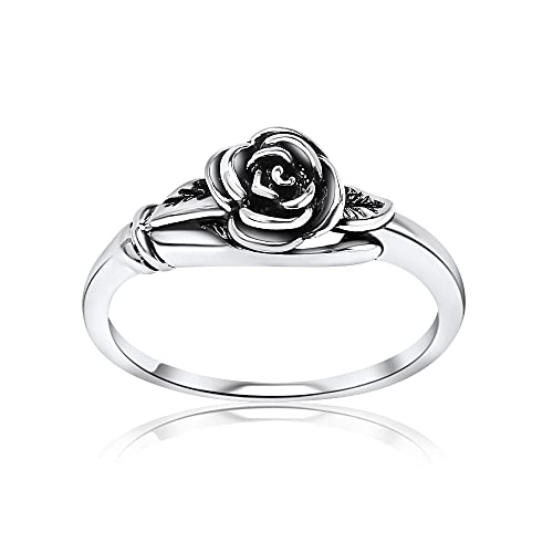Hoops & Loops Sterling Silver Oxidized Flower Rose Ring, Size 8