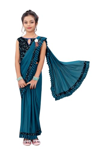 Image of Yashika Baby Girl's Jacquard 4-5 (S) Kids Lycra Blend Redy to Wear Saree with Sequence Blouse Piece (KIDS02 RAMA-4-5 (S) Rama)