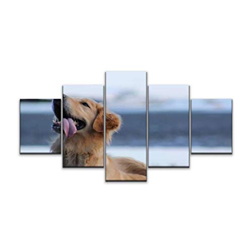 XEPPO 5 Panels Wall Art Print On Canvas Golden Retriever at The Beach Modern Abstract Picture Poster for Home Decor Stretched and Framed Ready to Hang (60''Wx32''H)
