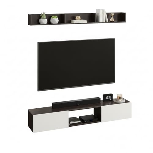 Image of FURNEASER VR65 Wall Mount TV Unit for Living Room, Wooden TV Panel Stand with Storage Shelves, Modern Entertainment Center, Media Console Cabinet Fits Up to 65 Inch TV (Wenge & White)