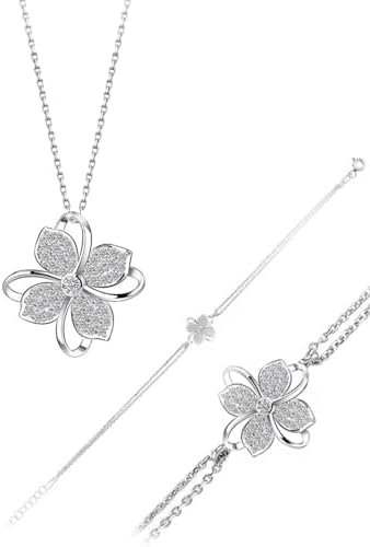 Gümüş Zirkon Taşlı Dört Yapraklı Yonca Bayan Kolye Bileklik Set - Görsel 1