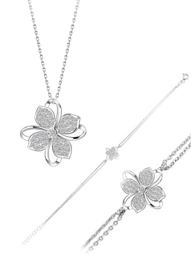 Gümüş Zirkon Taşlı Dört Yapraklı Yonca Bayan Kolye Bileklik Set