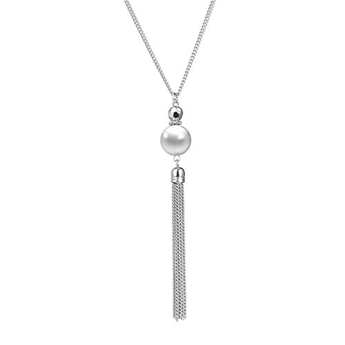 Long Tassel Pendant Necklaces For Women - Faux Pearl Necklace with Silver Chain, Fashion Jewelry For Lady(56-Grey pearl)