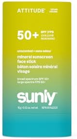 ATTITUDE Face Sunscreen Stick SPF 50, Broad Spectrum Zinc Oxide, EWG Verified, Non-Nano, Lightweight Non-Greasy, Vegan, Unscented, 15 grams