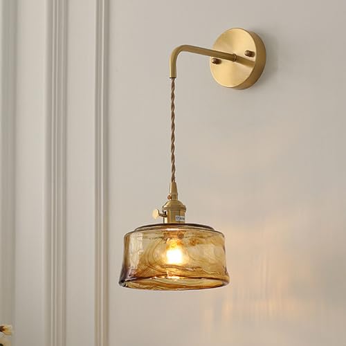 YOOCHUENG Glass Wall Lights Amber,Vintage Wall Lamp with Switch Indoor,E27 (Bulb Not Included) Light Fitting for Bedroom Bedside Living Room (Style B)