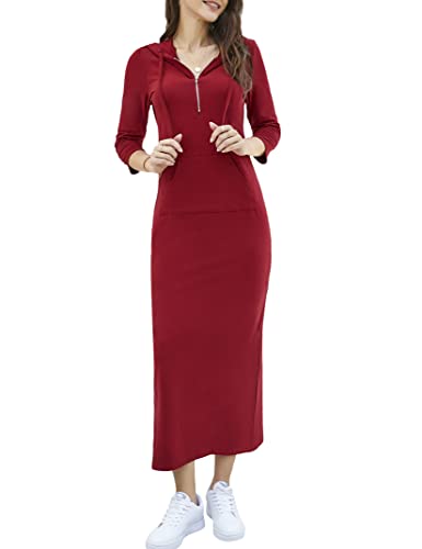 Image of MISSKY Women Casual Pocket Quarter-Zip Neck 3 /4 Sleeve Slim Split Pullover Hoodie Maxi Dress