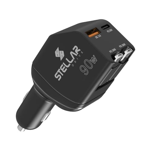 Image of Stellar Drive XC-11 4-in-1 Car Charger 90W, Built-in Retractable USB-C Cables, USB-C PD 30W + QC 3.0, Super Fast Charging, Compact Car Phone Charger iPhone Android Tablet GPS - Matte Black