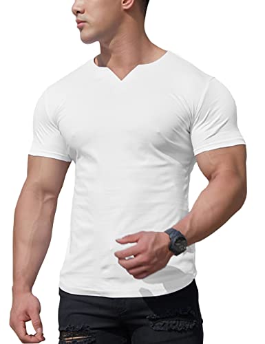 YCHSXAIZ T-Shirts athlétiques en Maille pour Hommes avec col en V Fendu pour la Musculation d'entraînement de Gym Color White Size M