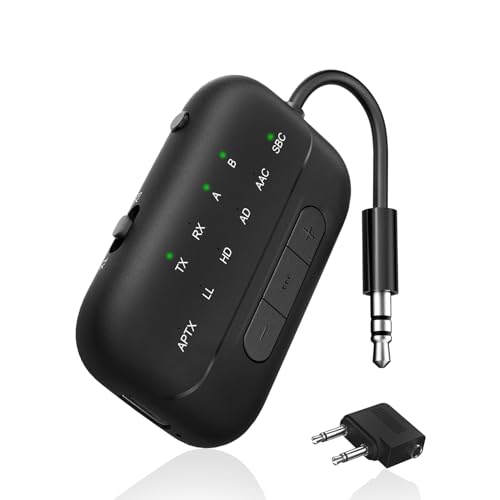 SONRU Newest Bluetooth 5.3 Transmitter & Receiver, Supports 2 Headphones Dual Connection, aptX-Low Latency Bluetooth Adapter, 3.5mm Aux Jack Audio Transmitter for TV/Plane/Travel/Gym/Car, Black