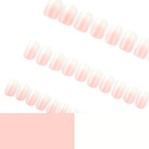 Image of Square Press on Nails Short Fake Nails Ombre Acrylic Full Cover Glue on Nails Pink White Stick on Nail Glossy Reusable Artificial False Nail for Women Girls Nail Decoration 24Pcs