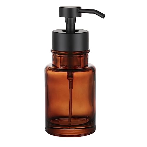 Image of H Halston Amber Glass Foaming Soap Dispenser, Hand Soap, for Kitchen and Bathroom Sink, Heavy Weight Modern Farmhouse Home Decor, Large Capacity Thick Glass Rustproof Pump, Refillable