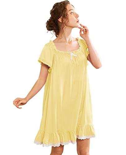 Nanxson Womens' Cotton Nightgown Short Sleeve Sleepwear Vintage Victorian Nightshirt Lounge Dress (Large, Yellow) #TOP7