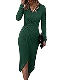 SHIBEVER Wrap Ruched Dress Women Evening Elegant Modest V Neck Formal Ribbed Knit Bodycon Fall Dresses DarkGreen M